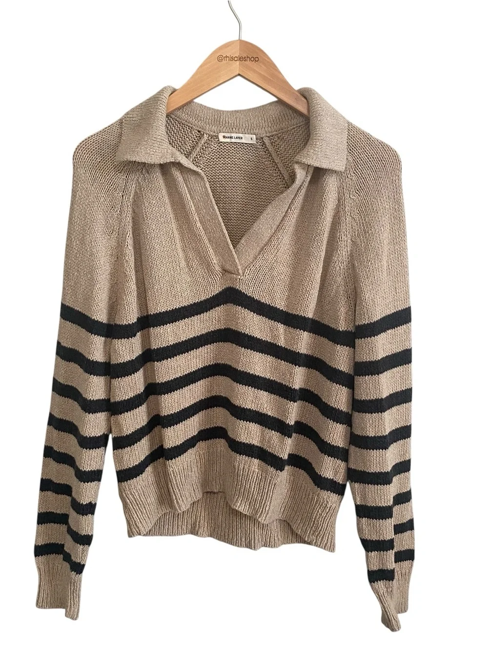 Marine Layer Relaxed Striped Berkeley Sweater Polo Size Small Beige Charcoal S